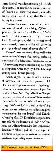 CIGAR article continues writing about original concept that launched the CF Dominicana brand along with the idea of cigar rollers to promote the brand.